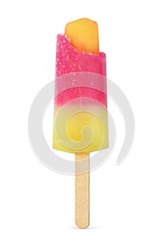 Red and yellow bitten ice pop or popsicle isolated on white background