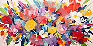 Red, yellow and blue abstract flowers. Loose floral painting illustration. Maximalist botanical wall art. photo