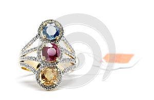 Red, yellow and blue Diamond with white diamond and gold ring