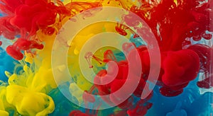 Vibrant primary colors mix and swirl underwater