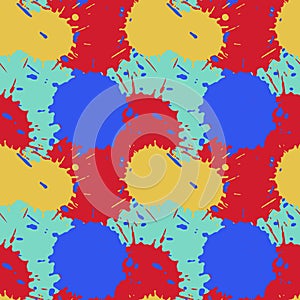 Red yellow blue paint stains seamless pattern, splashes of colored liquid vector