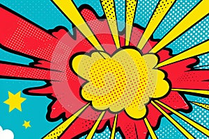 Red yellow, blue pop art retro background cartoon lightning blast radiance vivid colour illustration,