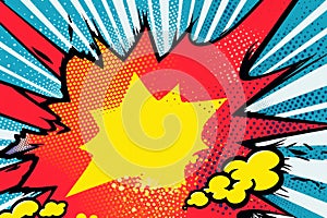 Red yellow, blue pop art retro background cartoon lightning blast radiance vivid colour illustration,