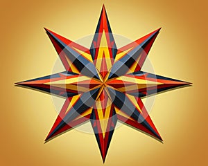 a red yellow and blue star on a gold background