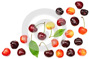 red and yellow cherry with green leaf isolated on white background. Top view