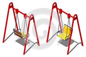 Red and yellow children`s swing with armchair, vector illustration in isometric perspective