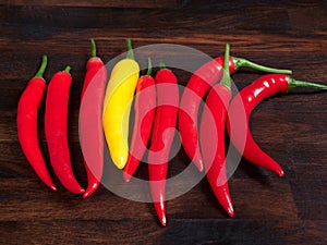 Red and yellow chilis on dark rustic background