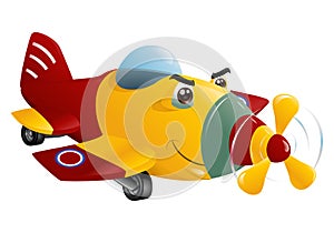 Red and yellow commercial plane flying