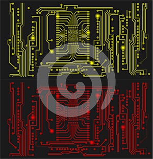 Red and yellow computer circuit on a black background photo