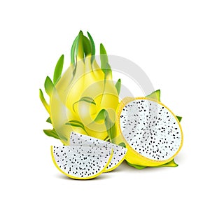 Red yellow dragon fruit, whole fruit and half. Tropical fruits for healthy lifestyle. Realistic 3d Design Element For Web Or Print