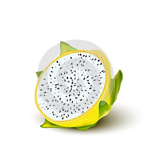 Red yellow dragon fruit, whole fruit and half. Tropical fruits for healthy lifestyle. Realistic 3d Design Element For Web Or Print