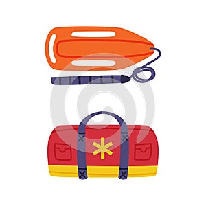 Red and Yellow Emergency and Rescue Medical Bag and Float Surface Vector Set