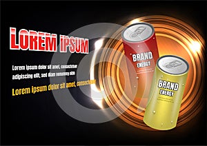 Red and yellow energy drinks with abstract shining circle and aura