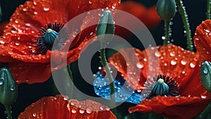 red and yellow flower _a web banner with red poppy flowers and water drops on a blurred green and blue background