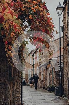 Red and yellow foliage on a street in Frome, UK, unidentified people on the background