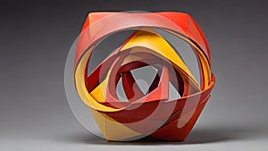 Red and yellow geometric sculpture on gray background