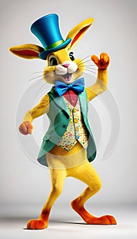 Red yellow green and blue Easter Bunny with a big smile wearing a top hat and dancing