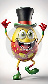 Red yellow and green Easter Egg with a big smile wearing a top hat and dancing