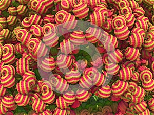 Red, yellow and green fractal background. Multiple 3d spheres. 3dillustration, 3d rendering