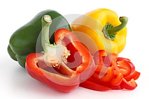 Red, yellow and green peppers