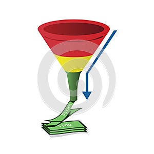 Red, yellow and green sales funnel with arrow