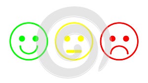 Red, yellow, green smileys emoticons icon negative, neutral and positive, different mood.