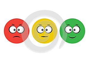 Red, yellow, green smileys emoticons icon negative, neutral and positive. Funny characters. Vector illustration