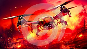 Red and yellow helicopter flying over fire filled city in red sky. Generative AI