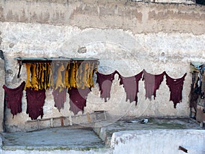 Red and Yellow Hides Drying in Moroccan City Fes