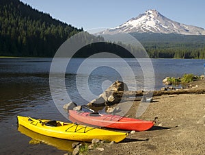 Red Yellow Kayaks on Shore Trillium Lake Mount Hood Oregon