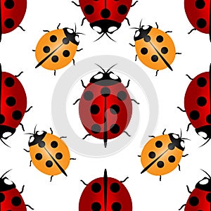 Red and yellow ladybugs with seven and five points on the back - for happiness, seamless pattern. Ladybird endless