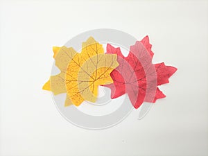 red and yellow leaves on a white background made of paper