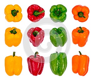 Red, yellow, orange and green sweet bell peppers with water drops, isolated on white. Healthy organic fresh vegetables