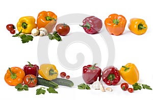 Red yellow and orange peppers with tomatoes on a white background.