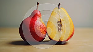 Red yellow pear fruit cut in half. Generative AI