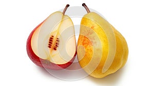 Red yellow pear fruit cut in half. Generative AI