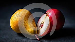 Red yellow pear fruit cut in half. Generative AI