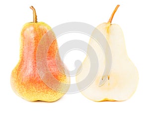 Red yellow pear fruit cut in half isolated