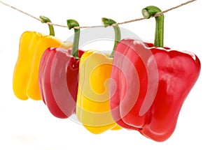 Red and yellow peppers hanging from the rope