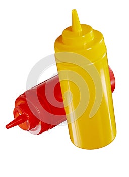 Red and yellow plastic ketchup and mustard bottles