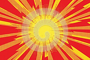 Red yellow pop art retro background cartoon lightning blast radi photo