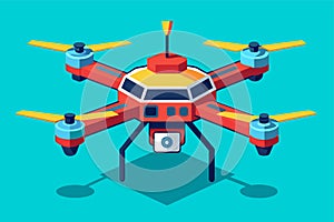 A red and yellow remote controlled helicopter is showcased against a blue background, Drone Customizable Semi Flat Illustration