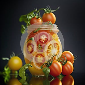 red and yellow ripe tomatoes in a jar, preservation, AI image.