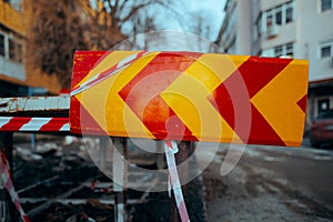 Red and yellow Safety Reflective Road Sign on Construction Site