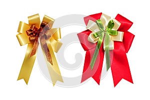 Red and yellow satin bow on white background
