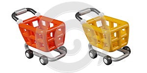 Red and yellow shopping carts. Empty store trolley. Symbol of online commerce, digital marketing