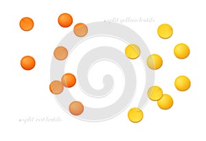 Red and yellow split lentils Masoor Dal isolated on white background. Top view