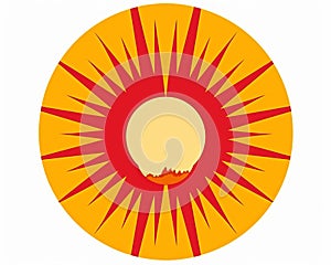 a red and yellow sunburst is shown on a white background