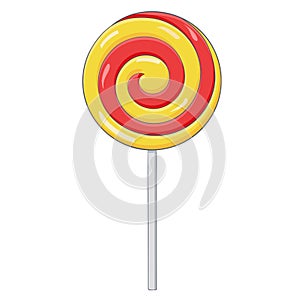 Red and yellow swirl lollipop. Sugar candy