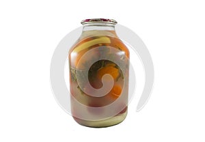 Red and yellow tomatoes canned in the glass jar isolated